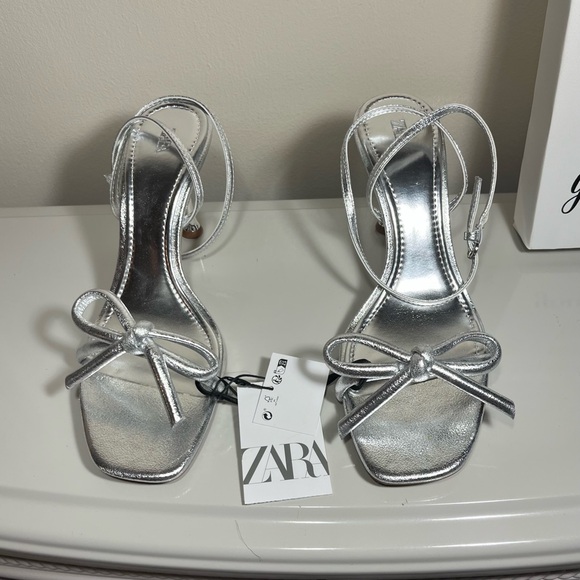 Zara Shoes - Zara Silver Slingback Heels with Bow Detail
